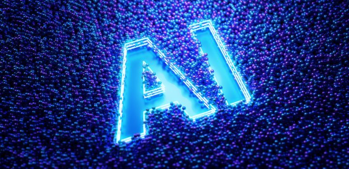 Artificial Intelligence concept. Digital futuristic blue particle balls background with AI. AI neon light.