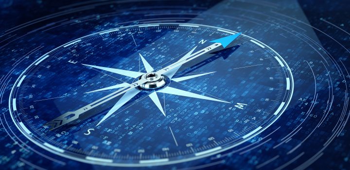 Compass,Direction,On,Digital,Code,Blue,Background.,3d,Rendering