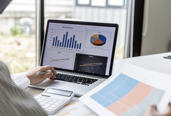 Businesswoman viewing financial data on laptop, she is reviewing