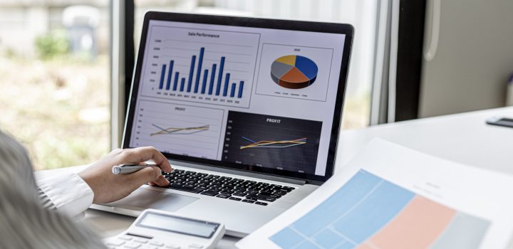 Businesswoman viewing financial data on laptop, she is reviewing
